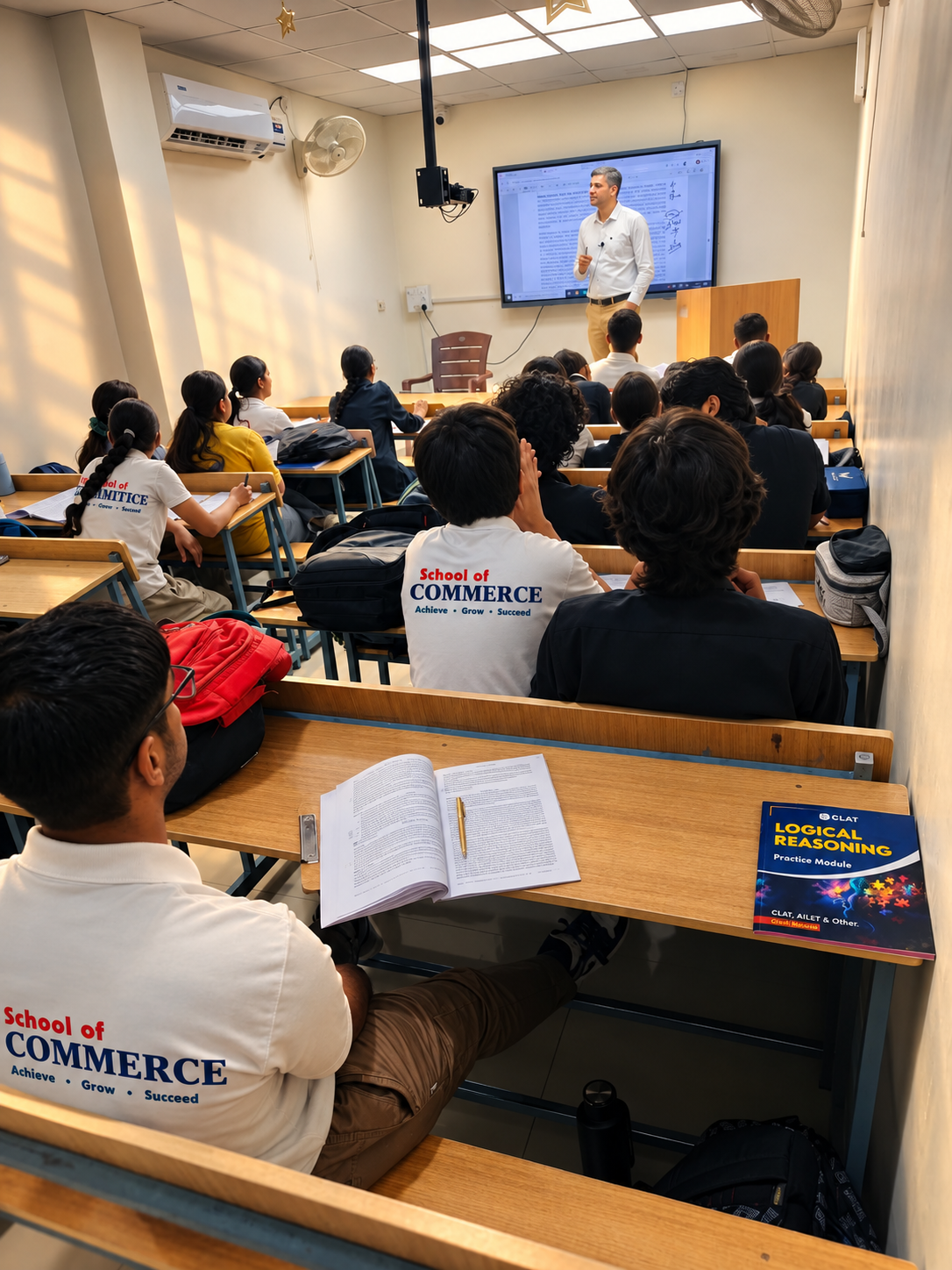 Commerce students in a CLAT and IPM integrated classroom at School of Commerce, Rohtak