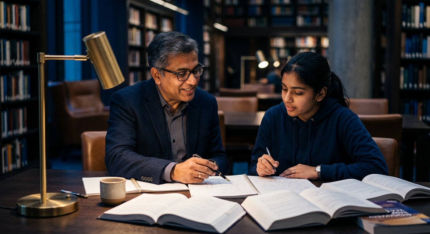 A mentor guiding a student one-on-one over notes at Genius IAS coaching in Rohtak